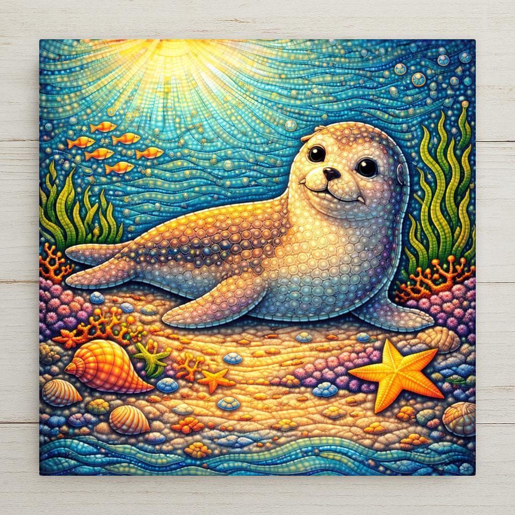 Whimsical baby seal nursery wall decor ceramic tile showing a smiling seal resting on the ocean floor with shells, starfish, coral, and soft sunlight. Colorful stained-glass style artwork designed for baby room decor, nursery wall art, coastal home decor, or a thoughtful baby shower gift.
