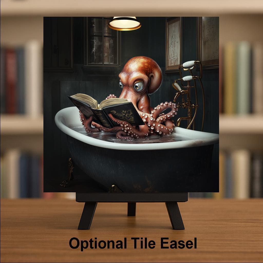 Octopus Wall Art Ceramic Tile Funny Bathroom Decor Book Lover Art Octopus Reading in Bathtub Tile Quirky Home Art