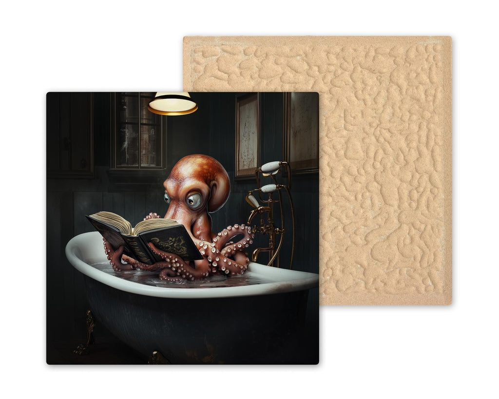 Octopus Wall Art Ceramic Tile Funny Bathroom Decor Book Lover Art Octopus Reading in Bathtub Tile Quirky Home Art
