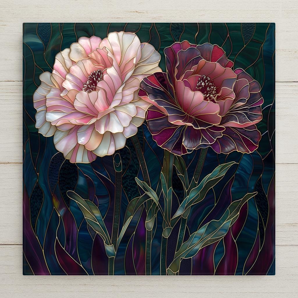 Two carnations in soft blush pink and deep plum tones in stained glass style with gold leading against a jewel-tone background, ceramic tile wall art.