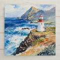 Watercolor-style ceramic tile of Hawaii’s Makapuʻu Point Lighthouse overlooking vibrant ocean cliffs. Ideal for beach, nautical, or tropical décor.