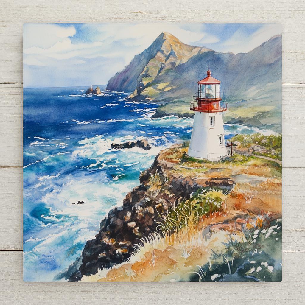Watercolor-style ceramic tile of Hawaii’s Makapuʻu Point Lighthouse overlooking vibrant ocean cliffs. Ideal for beach, nautical, or tropical décor.
