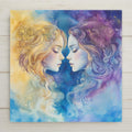 Stained glass style Gemini zodiac ceramic tile with luminous twin figures against a deep cobalt and teal celestial sky, warm gold air element butterfly and wind details, constellation accents, a vivid zodiac birthday gift and astrology home decor tile.