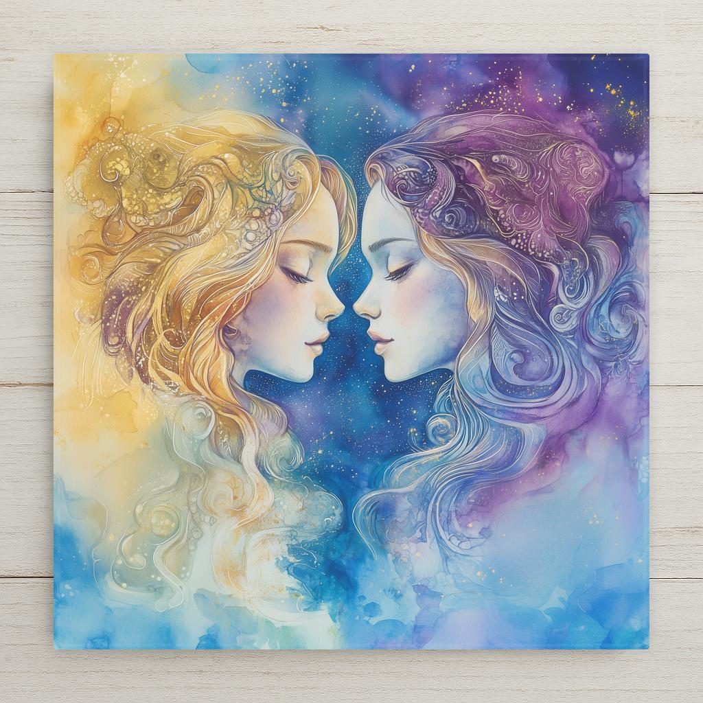 Stained glass style Gemini zodiac ceramic tile with luminous twin figures against a deep cobalt and teal celestial sky, warm gold air element butterfly and wind details, constellation accents, a vivid zodiac birthday gift and astrology home decor tile.