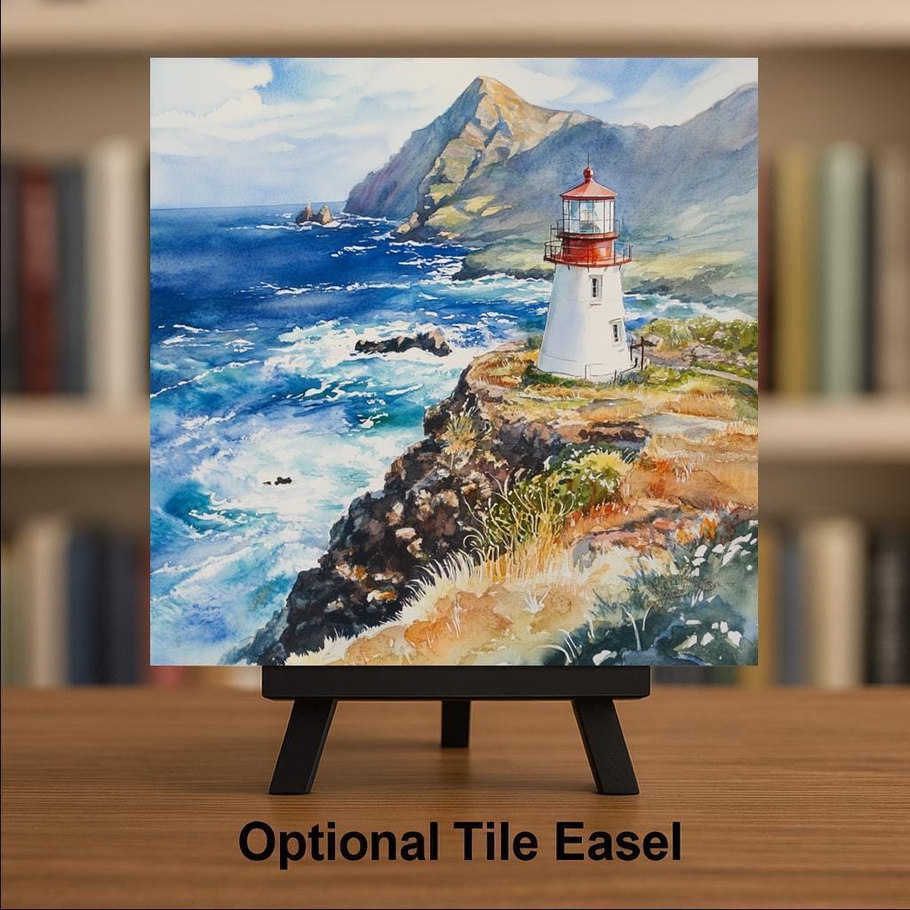 Makapu'u Lighthouse Wall Art Ceramic Tile Stained Glass Style Hawaii Gift Coastal Nature Place Identity