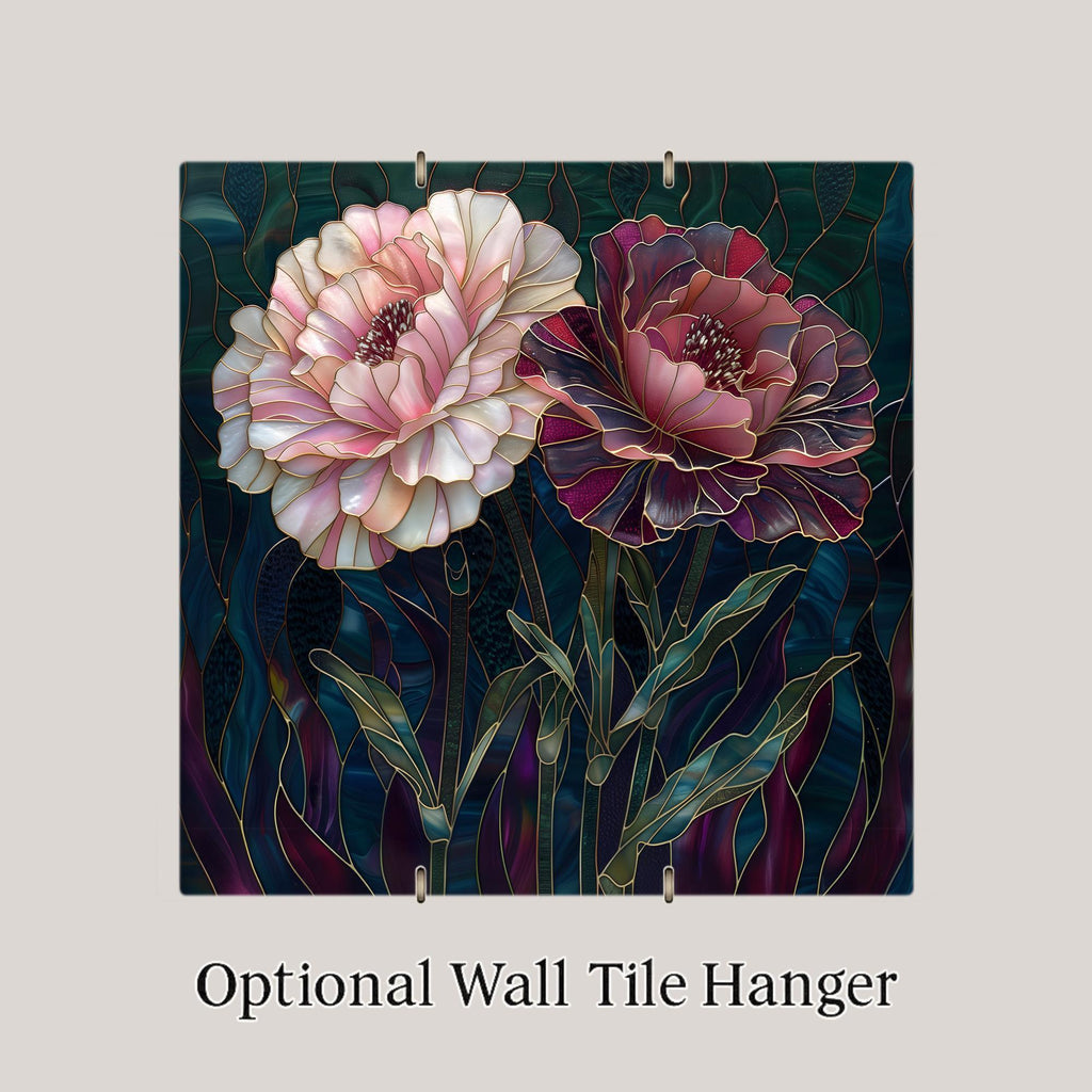 Pink Carnation Wall Art Ceramic Tile Stained Glass Style Floral Decor Romantic Botanical Home Gift Tile