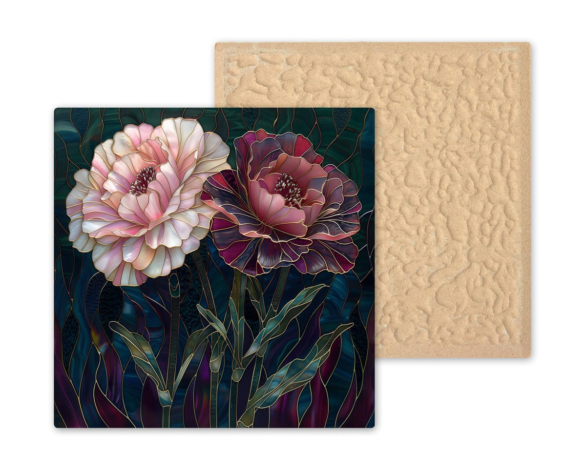 Pink Carnation Wall Art Ceramic Tile Stained Glass Style Floral Decor Romantic Botanical Home Gift Tile