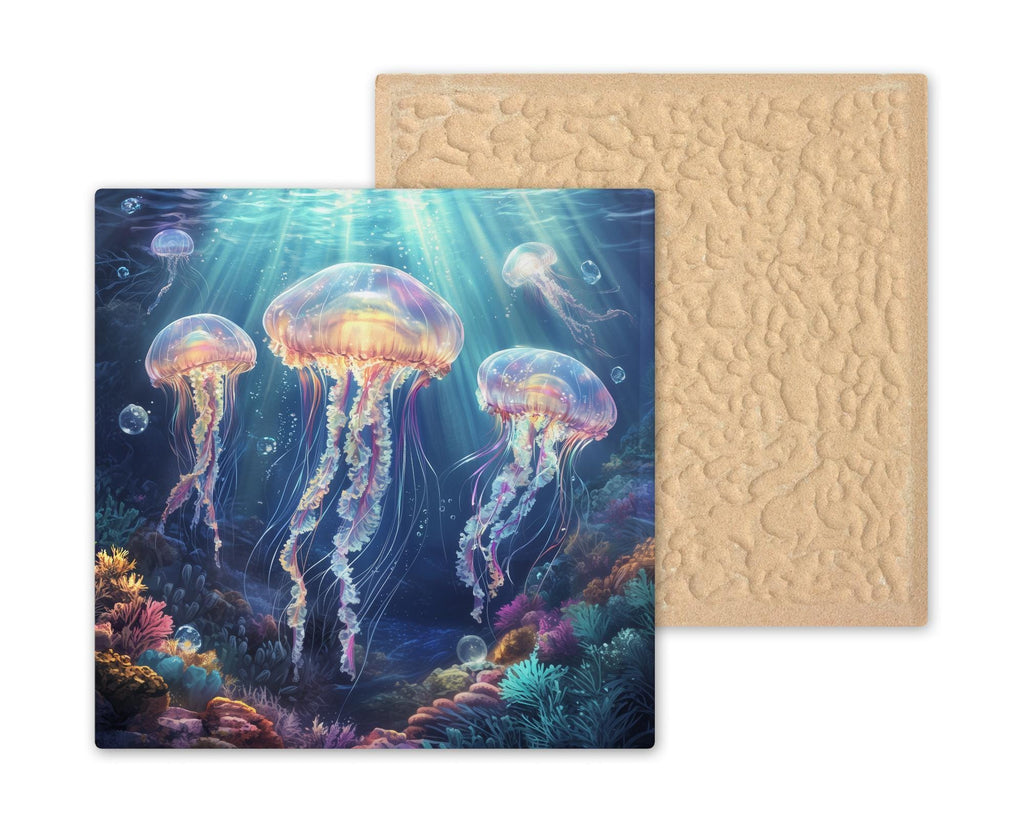 Luminescent Jellyfish Ceramic Tile: Ocean-Inspired Trivet, Wall Art & Bathroom Decor for Coastal Homes