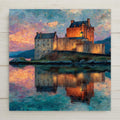Stained glass–style ceramic tile artwork featuring a Scottish lakeside castle inspired by Eilean Donan Castle. Warm sunset light reflects across calm water, creating peaceful castle wall decor. Permanent print on ceramic tile, not real stained glass. Optional tile wall hanger, easel tile stand, cork backing, and premium frame available for wall or tabletop display.