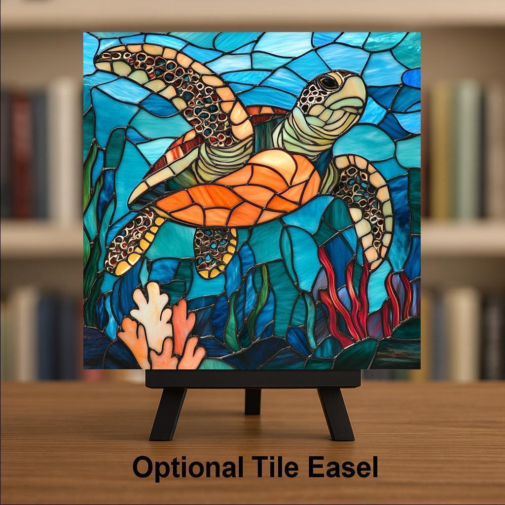 Sea Turtle Stained Glass Style Ceramic Art Tile: Coastal Wall Decor Beach House Accent Ocean Home Decor Wall Art Ocean Turtle Beach House