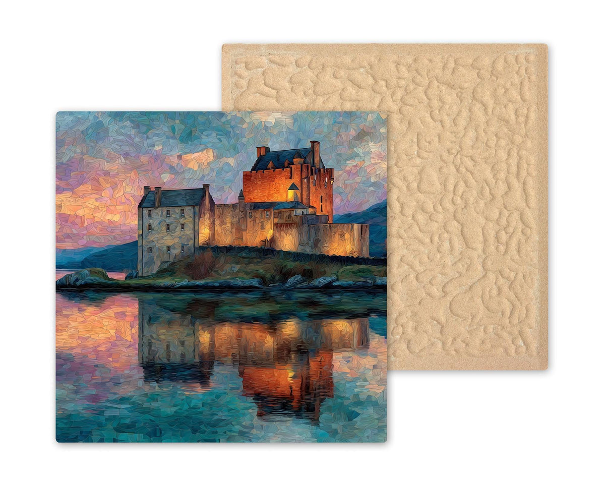 Eilean Donan Castle Ceramic Art Tile – Stained Glass Style Scottish Landscape Wall Decor, Scotland Travel Gift