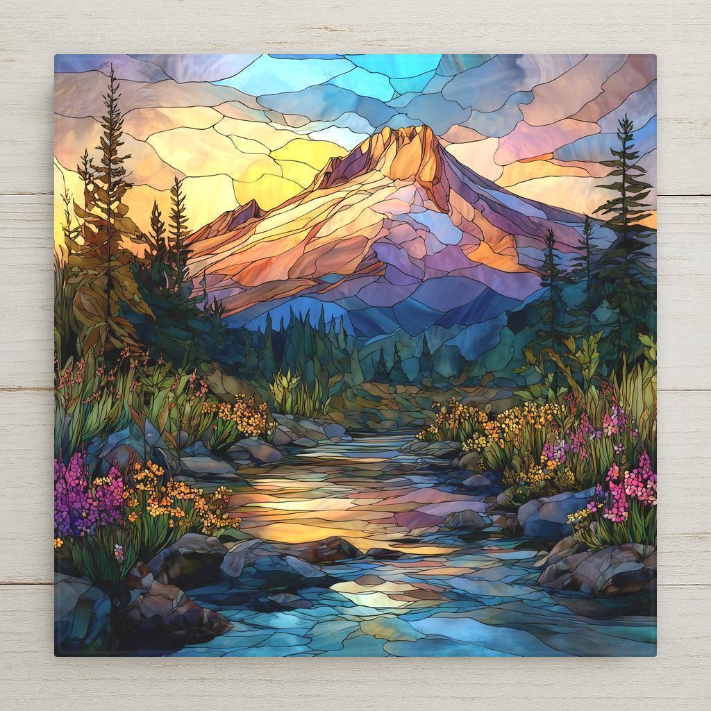 Mount Hood ceramic tile wall art featuring a stained glass–style landscape with an alpine creek, evergreen trees, wildflowers, and Oregon’s iconic Mount Hood glowing in warm light. This peaceful Pacific Northwest artwork is a permanent high-resolution print on ceramic tile, ideal for meaningful home decor and mountain-inspired wall display.