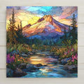 Mount Hood ceramic tile wall art featuring a stained glass–style landscape with an alpine creek, evergreen trees, wildflowers, and Oregon’s iconic Mount Hood glowing in warm light. This peaceful Pacific Northwest artwork is a permanent high-resolution print on ceramic tile, ideal for meaningful home decor and mountain-inspired wall display.