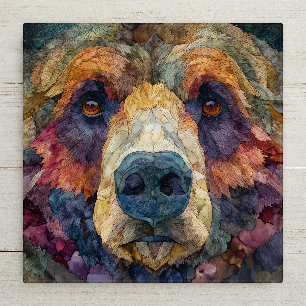 Stained glass–style grizzly bear ceramic tile wall art featuring rich earth tones and layered textures. A bold wildlife design perfect for rustic cabin decor, nature-inspired home decor, or a meaningful gift. Permanently printed artwork with optional wall hanger, easel stand, cork backing, or premium frame for flexible display.