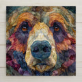 Stained glass–style grizzly bear ceramic tile wall art featuring rich earth tones and layered textures. A bold wildlife design perfect for rustic cabin decor, nature-inspired home decor, or a meaningful gift. Permanently printed artwork with optional wall hanger, easel stand, cork backing, or premium frame for flexible display.
