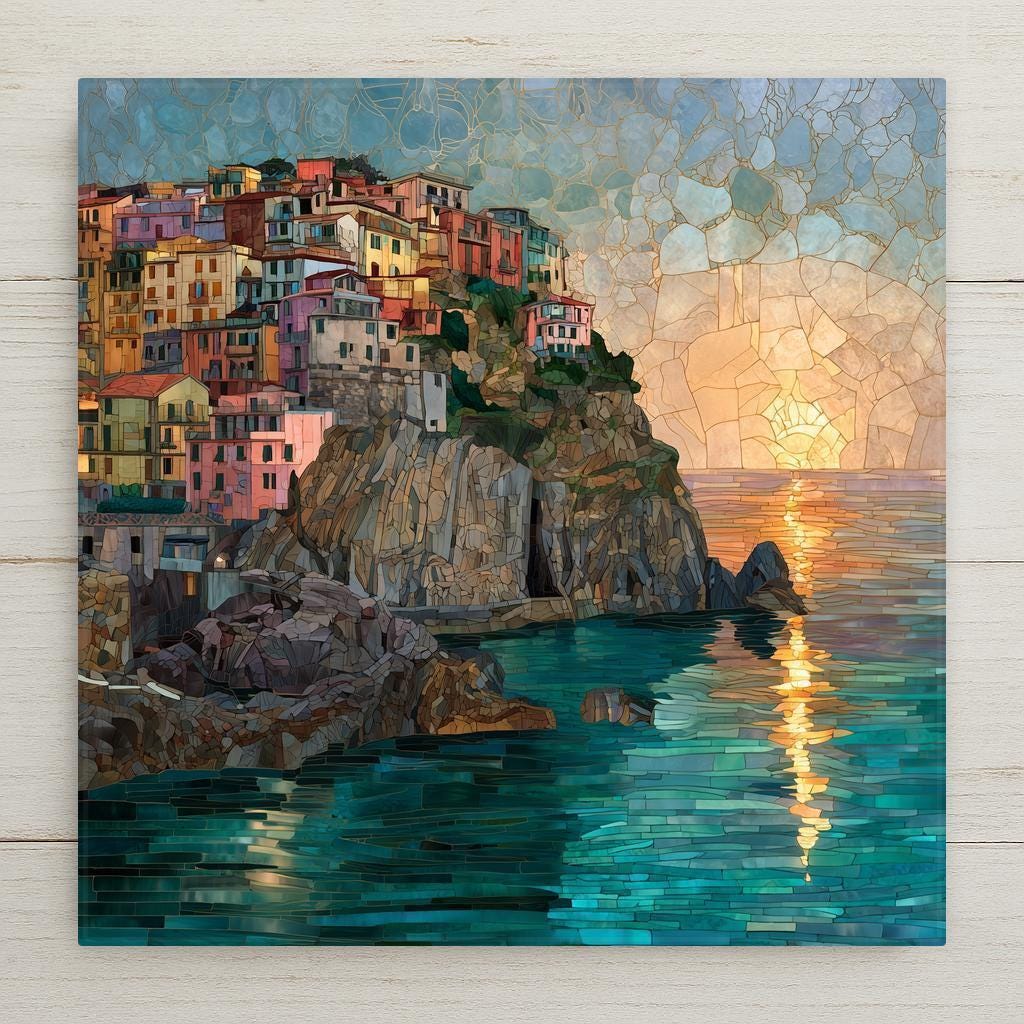 Ceramic tile wall art featuring Manarola in Cinque Terre, Italy, with colorful cliffside homes at sunset overlooking turquoise coastal waters in a mosaic-style design.