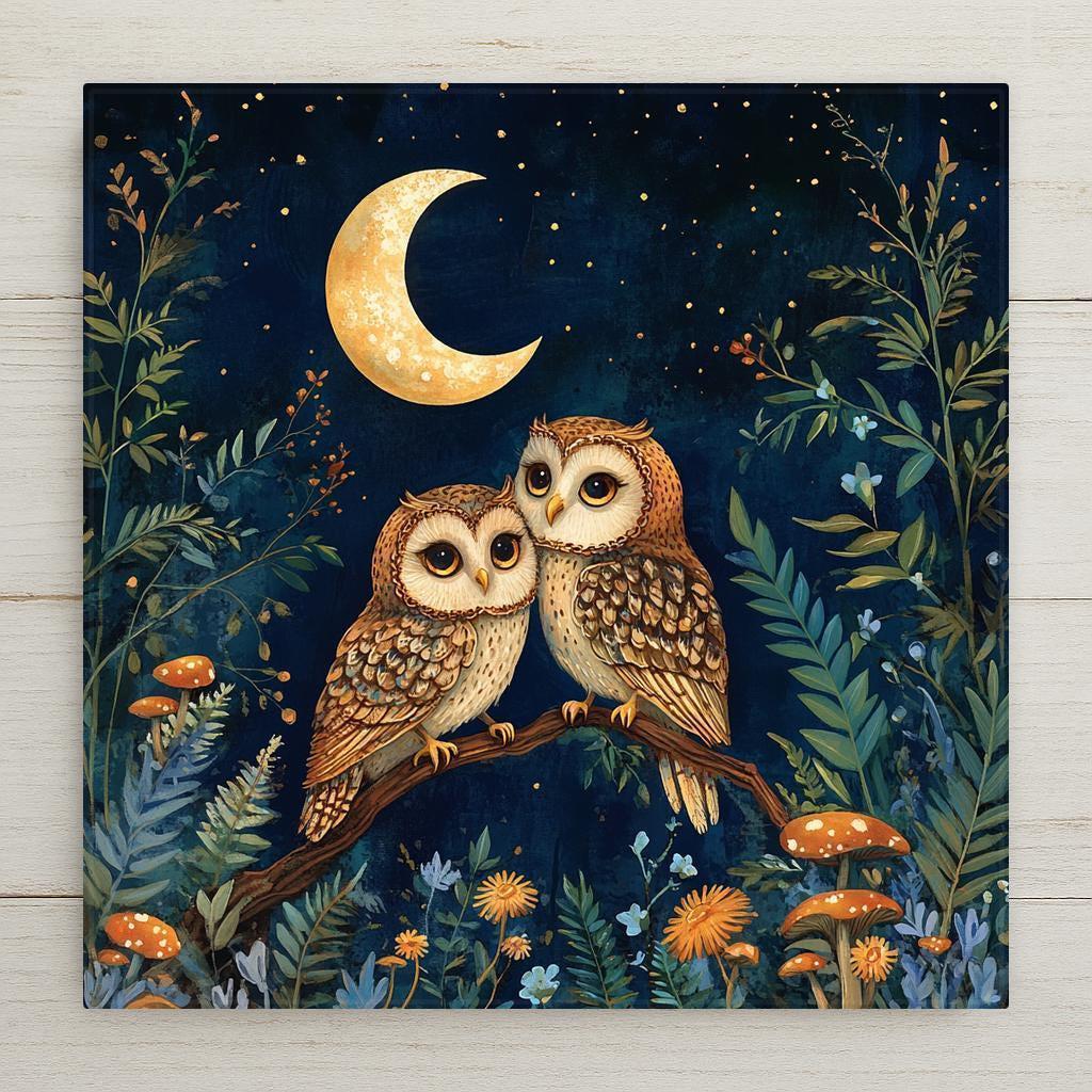 This Moon Owls Ceramic Tile wall art features a cozy owl pair under a crescent moon in a lush night garden. A whimsical folk art gift and serene wall art for nature and owl lovers alike. Great for rustic kitchens, home decor, woodland nurseries, or as a peaceful memorial piece.