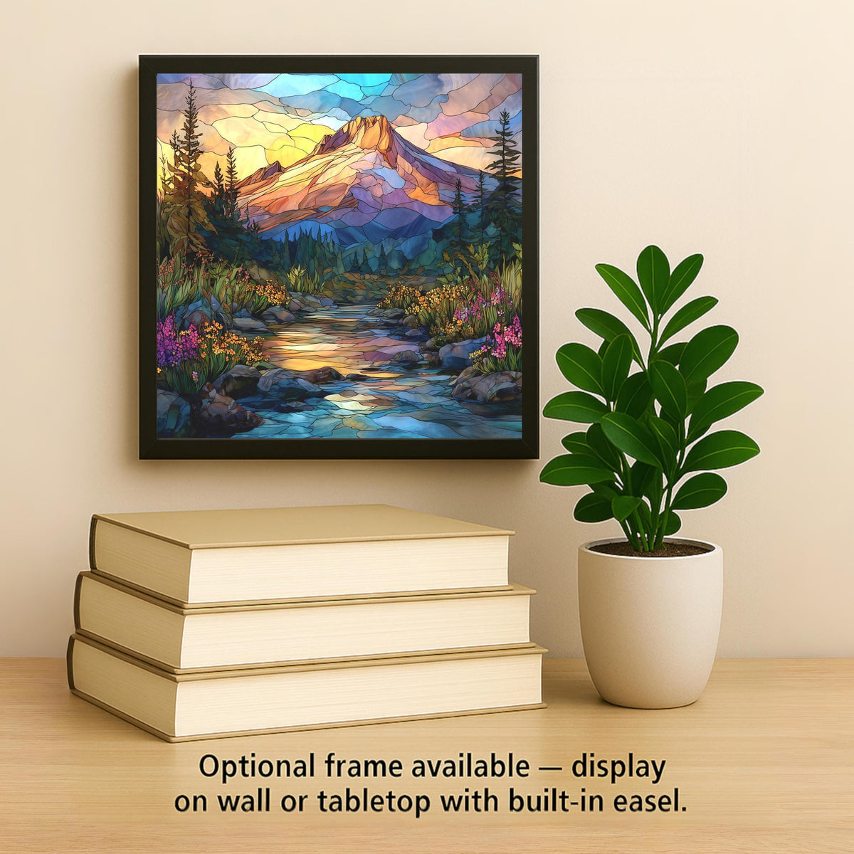 Mount Hood Stained Glass Style Ceramic Art Tile – Pacific Northwest Landscape Wall Decor, Cabin Nature Gift