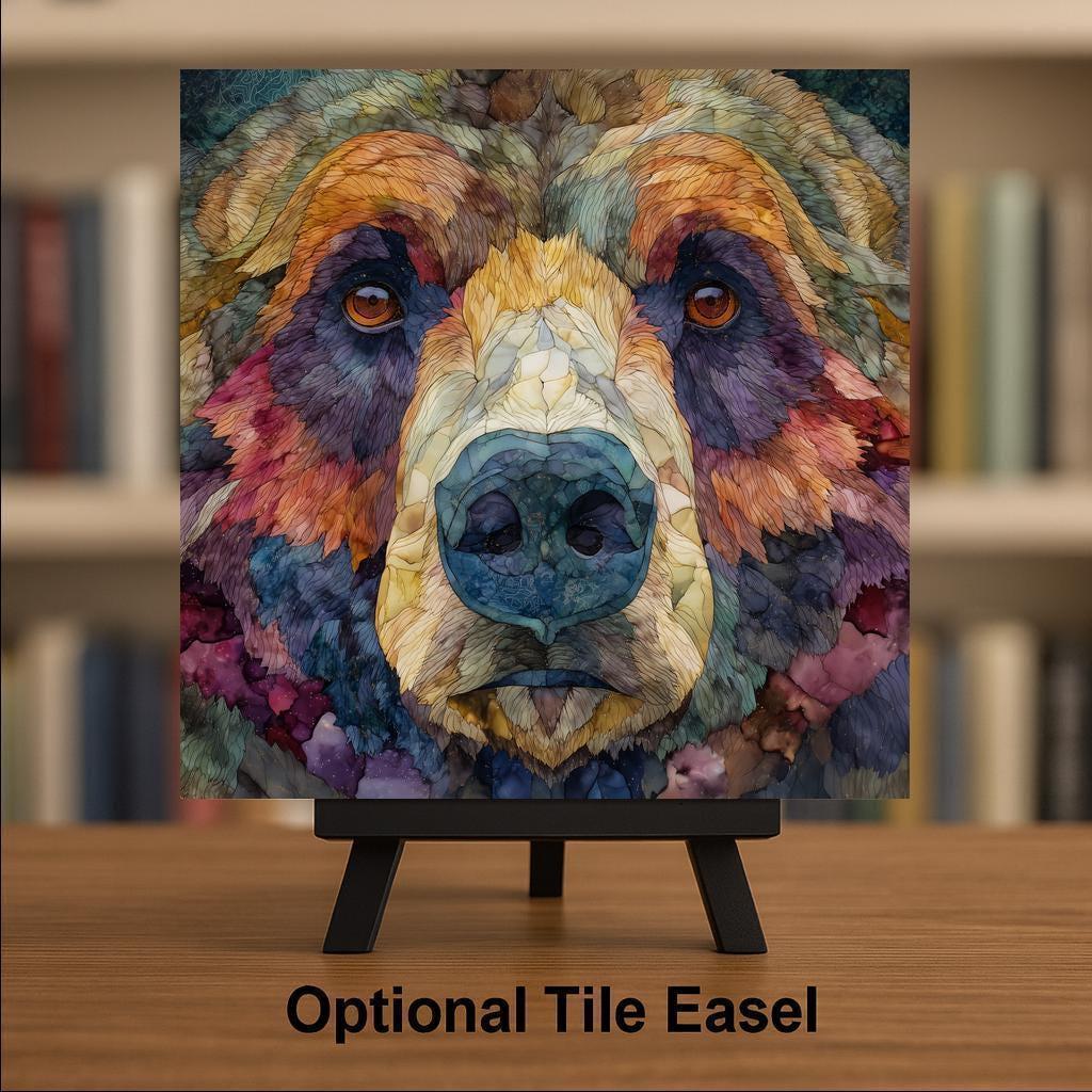 Grizzly Bear Ceramic Tile Wall Art – Stained Glass Style Wildlife Decor, Rustic Cabin Home Decor, Nature Wall Decor Gift