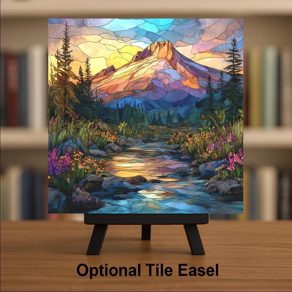 Mount Hood Stained Glass Style Ceramic Art Tile – Pacific Northwest Landscape Wall Decor, Cabin Nature Gift