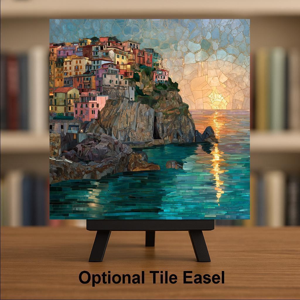 Manarola Cinque Terre Wall Art Ceramic Tile Italy Travel Gift Coastal Village Sunset Decor Mediterranean Art Tile