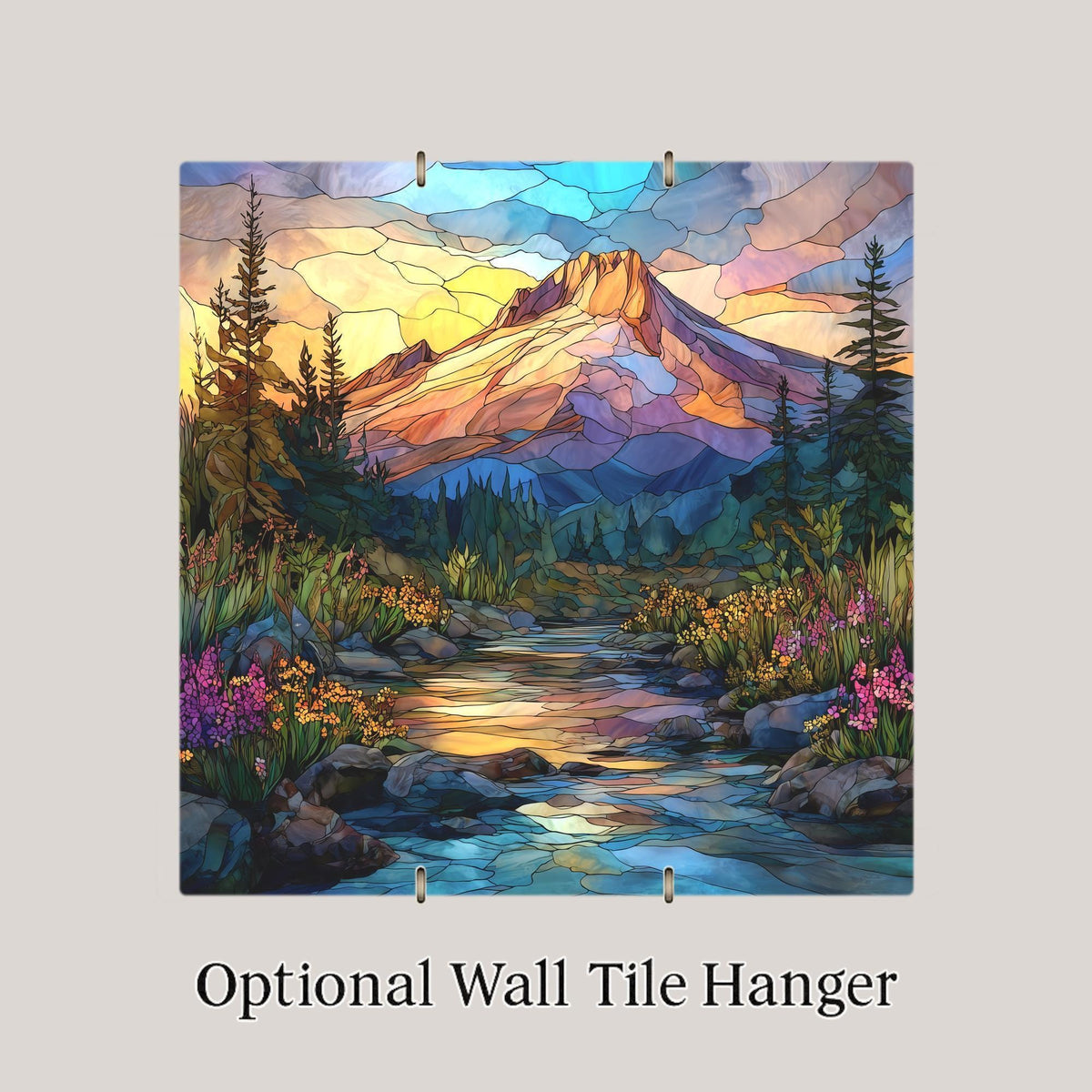 Mount Hood Stained Glass Style Ceramic Art Tile – Pacific Northwest Landscape Wall Decor, Cabin Nature Gift