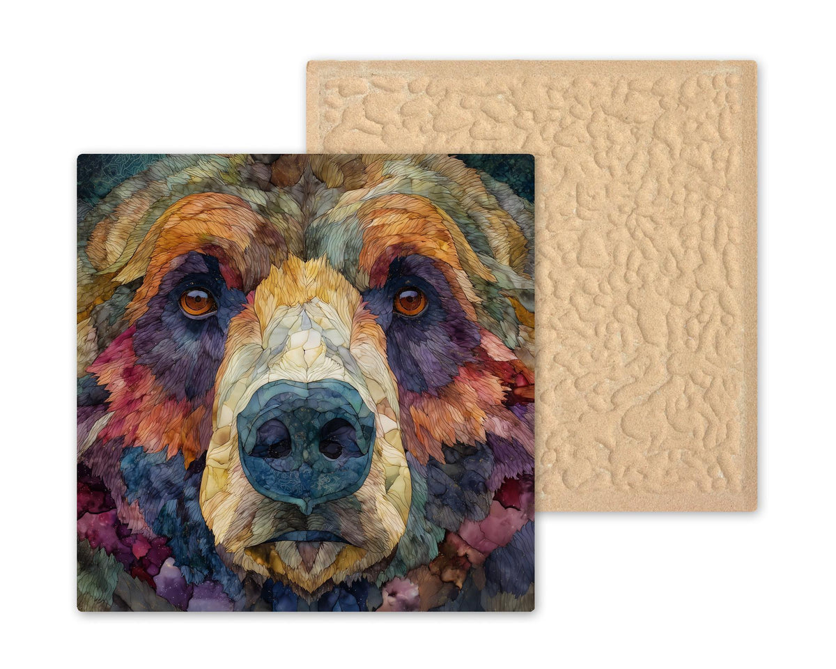 Grizzly Bear Ceramic Tile Wall Art – Stained Glass Style Wildlife Decor, Rustic Cabin Home Decor, Nature Wall Decor Gift