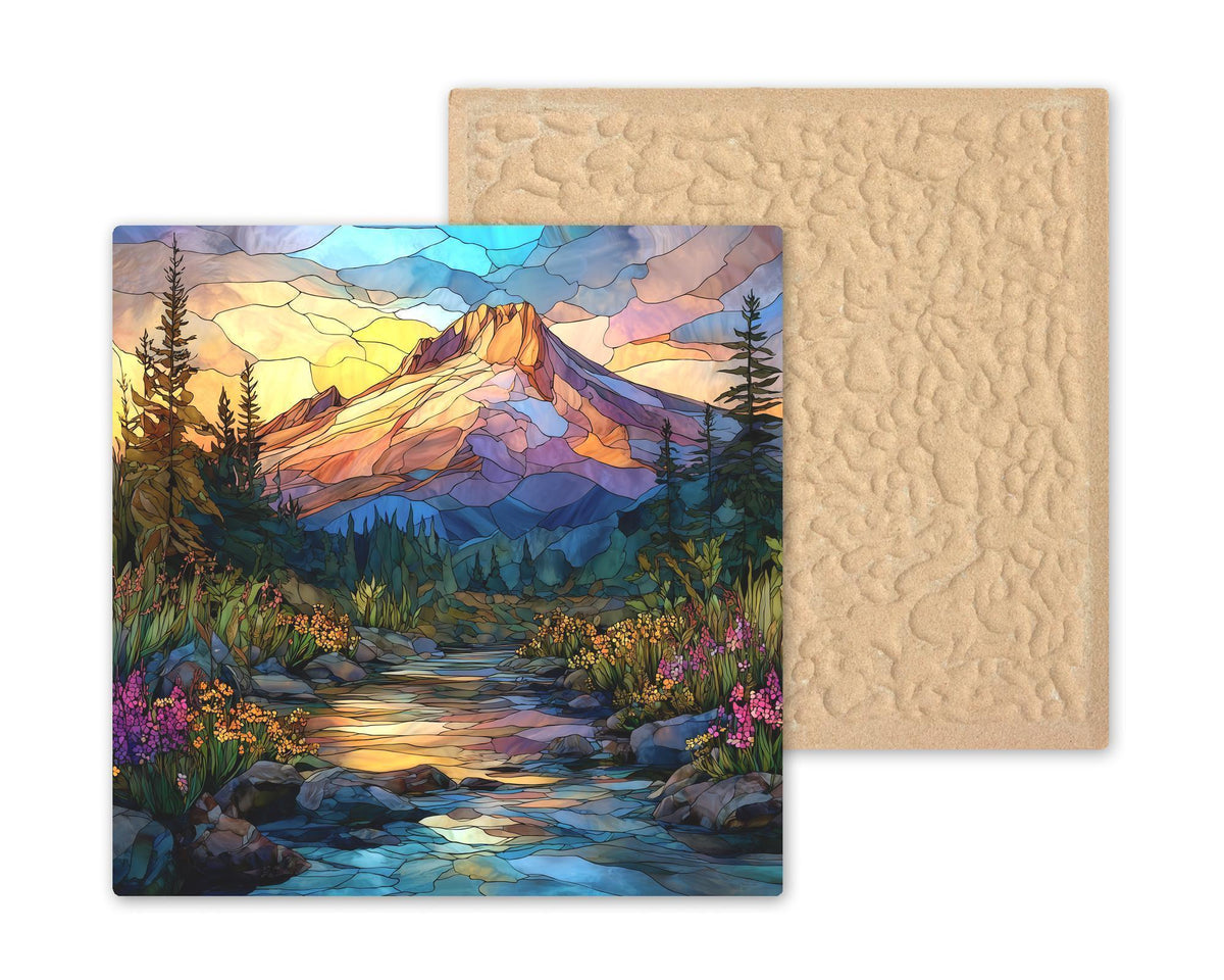 Mount Hood Stained Glass Style Ceramic Art Tile – Pacific Northwest Landscape Wall Decor, Cabin Nature Gift