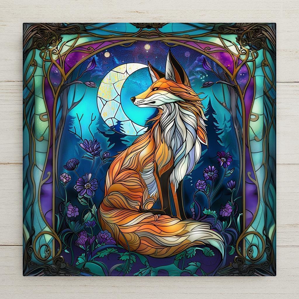 Whimsical Art Nouveau Fox Ceramic Tile Art - Moon Phases Stained Glass Wall Decor, Teal Purple Fantasy Forest, Nature Inspired Spiritual Home Decor