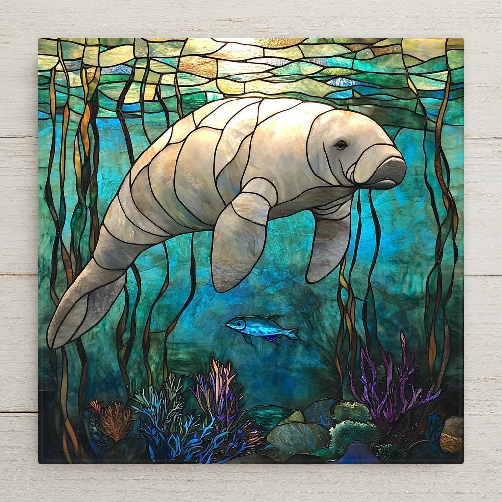 Peaceful manatee ceramic tile with glowing stained glass styling. Ocean decor for sea life lovers, Florida fans, and coastal wall accents.