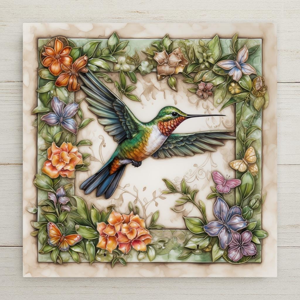 This vibrant ceramic tile features a hummingbird surrounded by floral wreath and butterfly details. Printed in high resolution with premium inks for lasting color. Optional cork backing, tile stand, or wall hanger available.