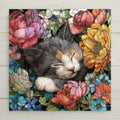 Sleeping kitten wall art ceramic tile in stained glass style with colorful flowers. A luminous floral and feline design for cottagecore and home decor, boho, or nature-inspired homes. Perfect gift for cat lovers and gardeners. Optional tile wall hanger, easel tile stand, or cork backing available.