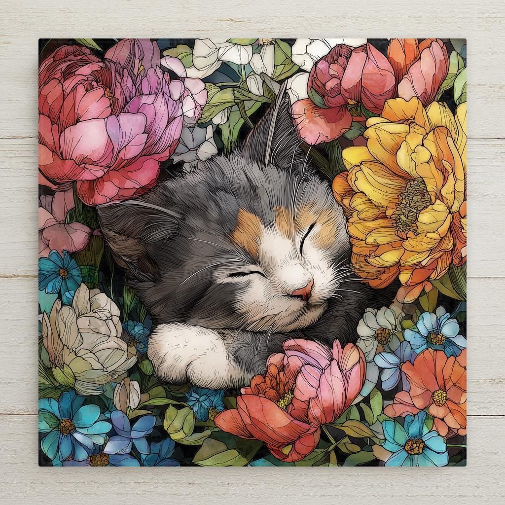 Sleeping kitten wall art ceramic tile in stained glass style with colorful flowers. A luminous floral and feline design for cottagecore and home decor, boho, or nature-inspired homes. Perfect gift for cat lovers and gardeners. Optional tile wall hanger, easel tile stand, or cork backing available.