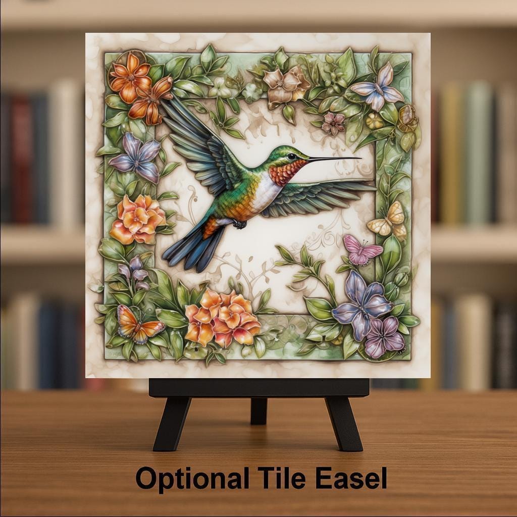 Farmhouse Hummingbird Wall Art Ceramic Tile Garden Gift Stained Glass Style Decor Wildflower Bird Art Nature Lover Gift Tile