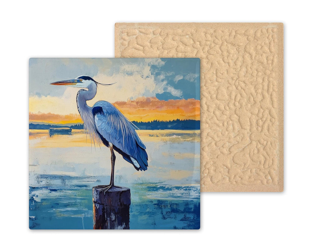 Great Blue Heron Wall Art Ceramic Tile Birdwatcher Gift Stained Glass Style Memorial Bird Art Coastal Nature Gift Sympathy Gift Tile