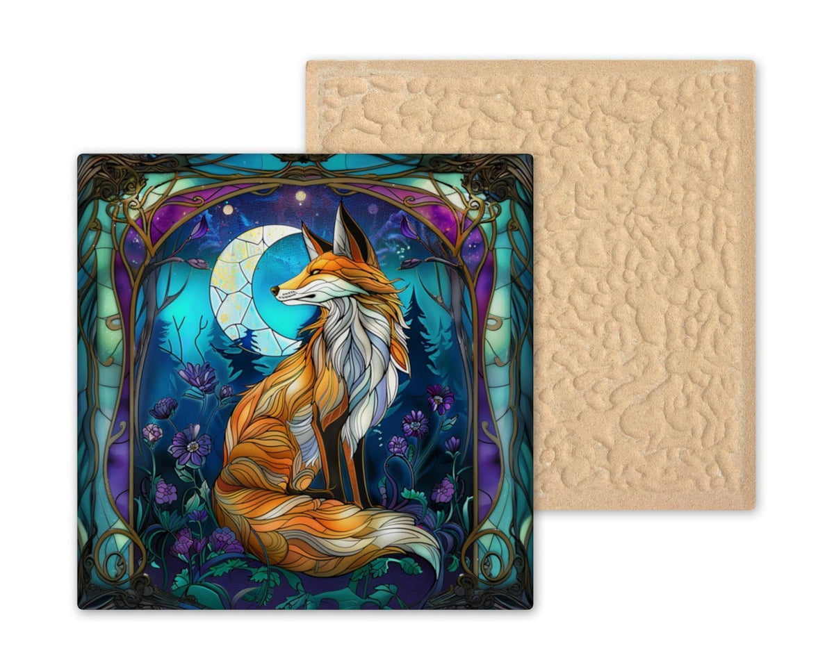 Fox Ceramic Tile Wall Art William Morris Style Art Nouveau Moon Phase Woodland Stained Glass Nature Decor