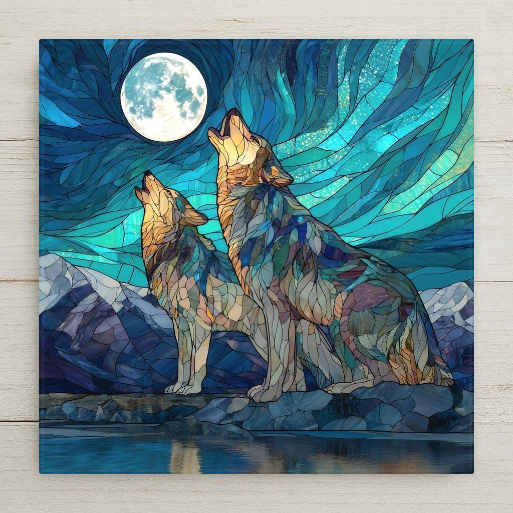 Two wolves howl beneath a glowing moon in this stained-glass style ceramic tile. Cool blues and warm earth tones create a dramatic wilderness scene. Perfect for rustic homes, cabin decor, and wildlife art lovers. Optional tile wall hanger, easel tile stand, cork backing, or premium frame available. Permanent print on ceramic tile, not real stained glass.