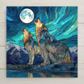 Two wolves howl beneath a glowing moon in this stained-glass style ceramic tile. Cool blues and warm earth tones create a dramatic wilderness scene. Perfect for rustic homes, cabin decor, and wildlife art lovers. Optional tile wall hanger, easel tile stand, cork backing, or premium frame available. Permanent print on ceramic tile, not real stained glass.