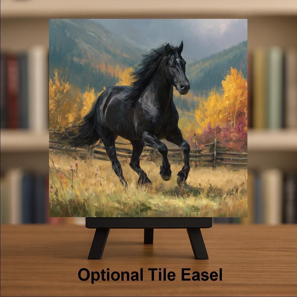 Black Horse Ceramic Art Tile – Western Rustic Wall Decor, Autumn Landscape Equestrian Lover Gift