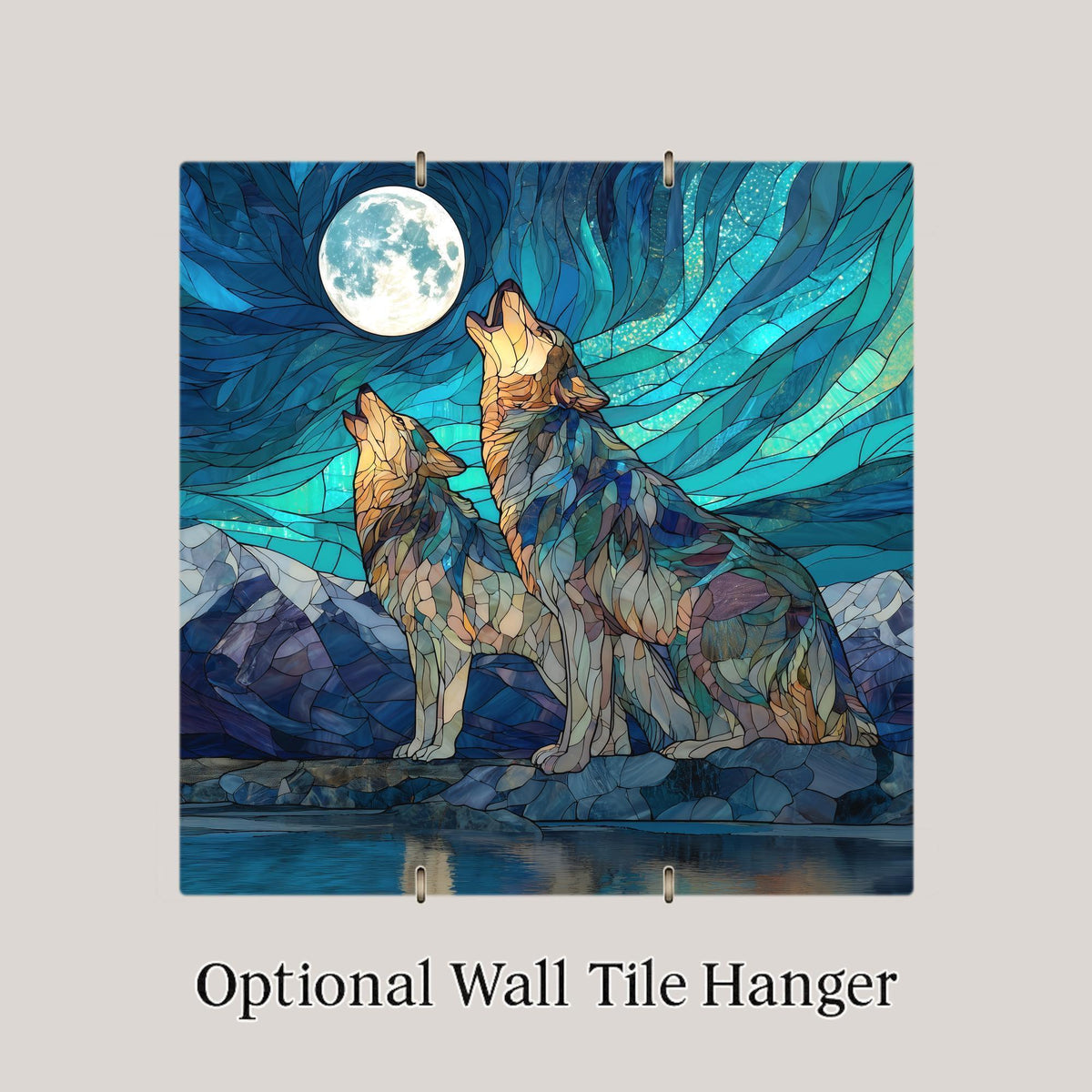 Howling Wolves Wall Art Ceramic Tile Stained Glass Style Moonlit Wilderness Decor Rustic Wildlife Home Gift Tile
