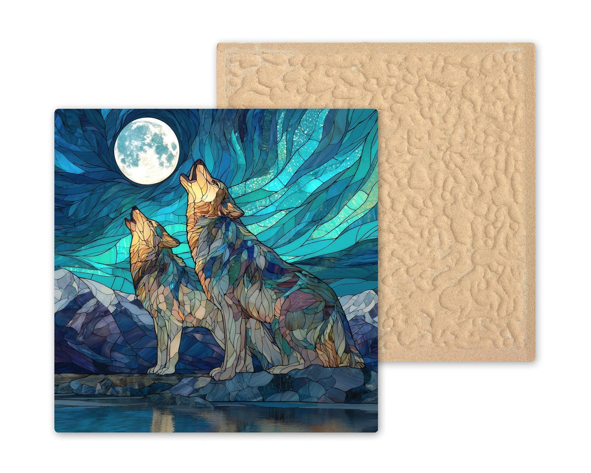 Howling Wolves Wall Art Ceramic Tile Stained Glass Style Moonlit Wilderness Decor Rustic Wildlife Home Gift Tile