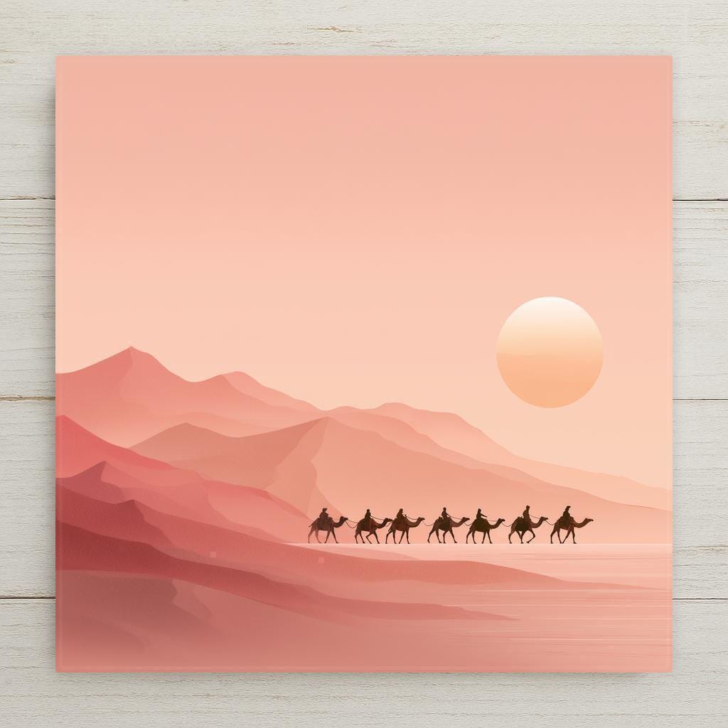 Desert camels ceramic tile art in soft peach and rose tones. Permanent print on ceramic home decor. Optional hanger, stand, or cork backing available.