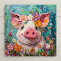Whimsical pig ceramic tile featuring a happy pink pig with a floral crown. Bright, playful art perfect for kitchens, gardens, or pig lovers.