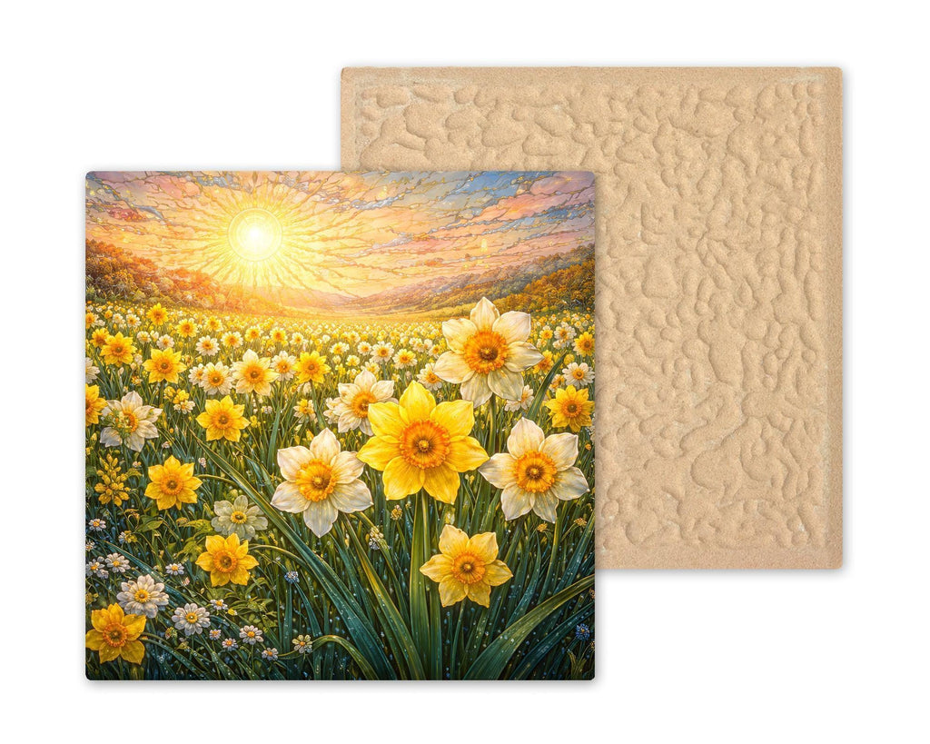 Daffodil Field Ceramic Tile Wall Art March Birth Flower Golden Spring Sunset Impressionist Floral Landscape Decor