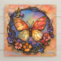 Radiant butterfly tile wall art in stained glass style with vibrant florals and golden accents. Symbolic home decor for nature lovers and thoughtful gifts.