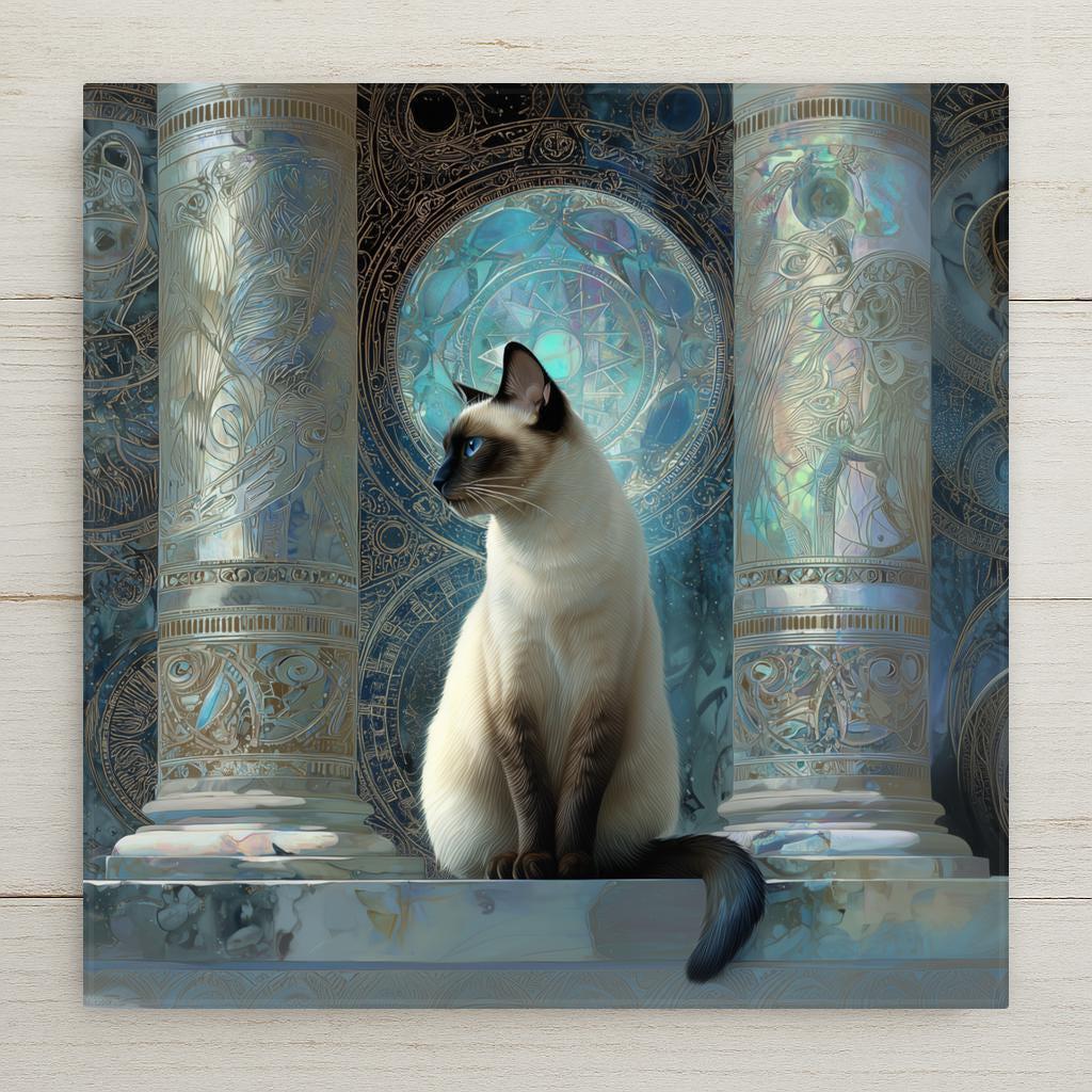 Mystical Siamese cat wall art ceramic tile with celestial columns and astrology-inspired stained glass design. A glowing cosmic home decor accent for cat lovers and astrology fans. Optional tile wall hanger, easel tile stand, or cork backing available.