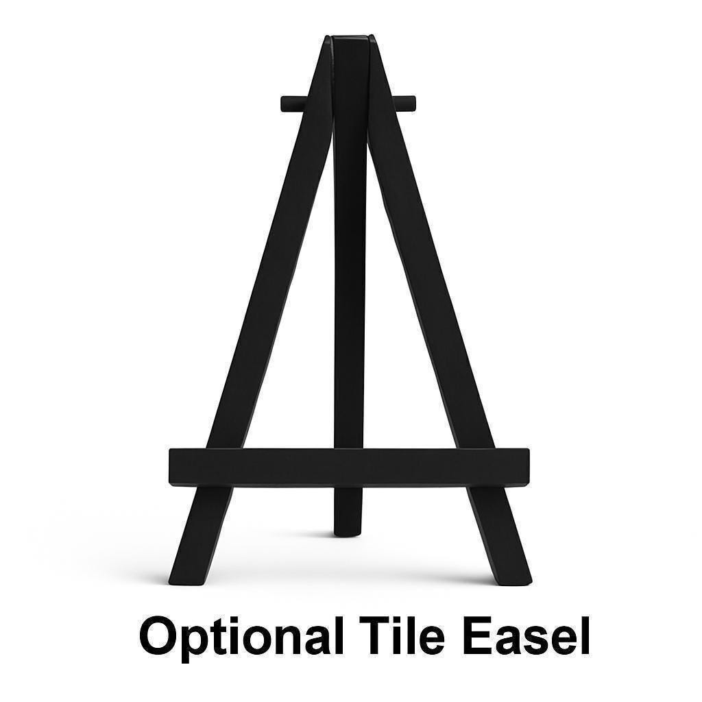 Black optional tile easel stand for displaying ceramic art tiles or decorative wall art.