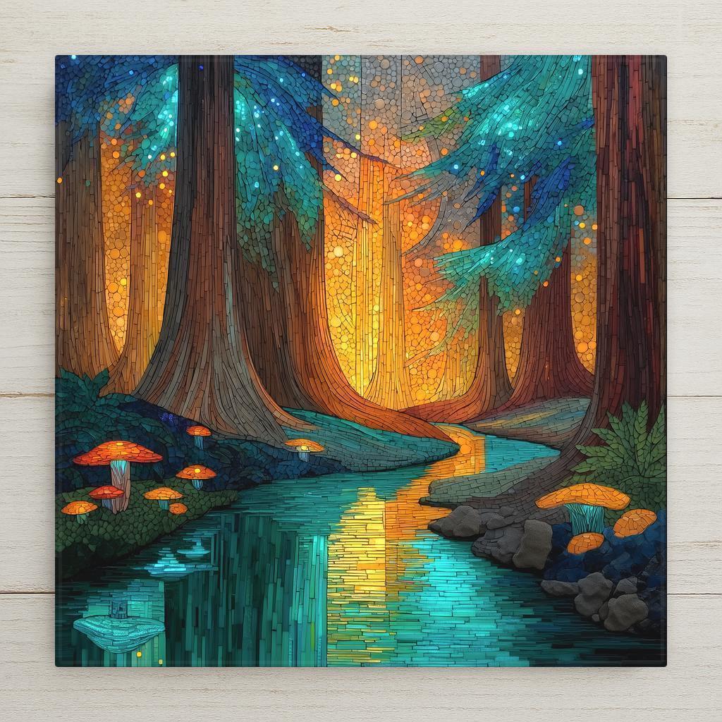 Enchanted Redwood Creek stained glass-style ceramic tile featuring glowing trees and turquoise reflections. Perfect wall art for home decor. Optional tile wall hanger, tile stand, cork backing, and premium frame available. Permanent print on tile, not real stained glass or mosaic.