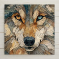 Mosaic-style wolf face ceramic tile with cracked stone texture and dual-colored eyes.