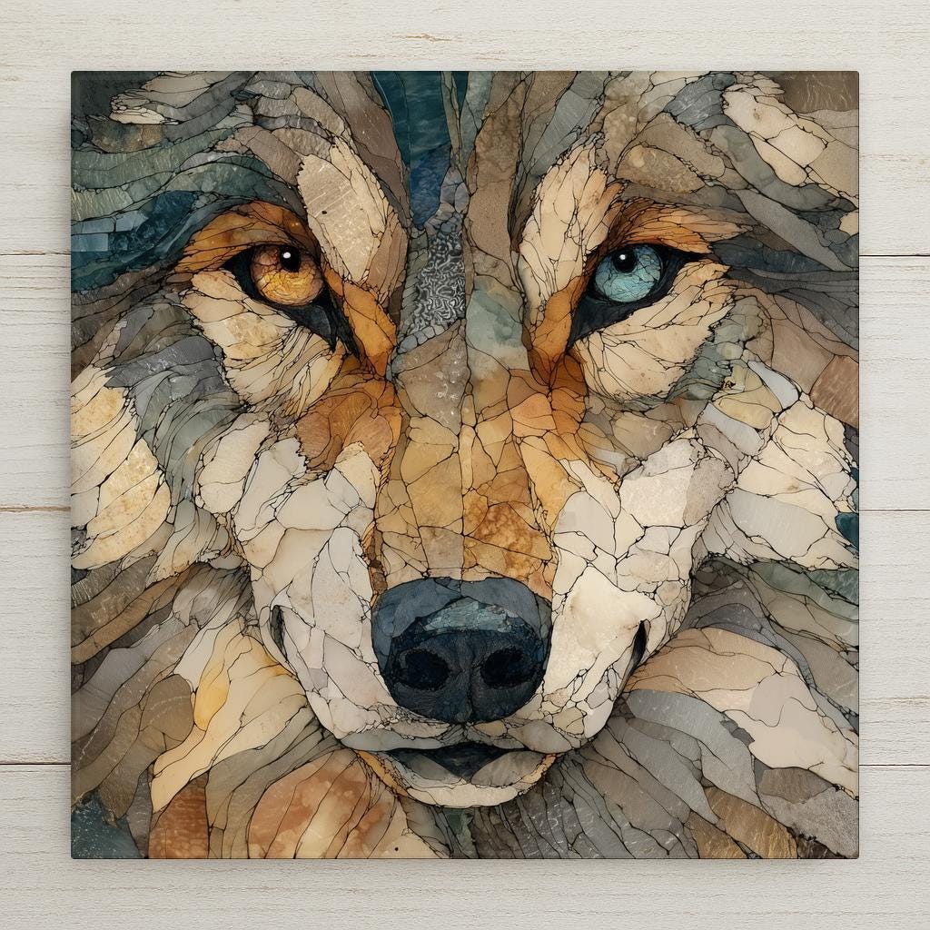 Mosaic-style wolf face ceramic tile with cracked stone texture and dual-colored eyes.